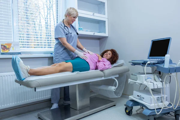 Monthly Check Obstetrician Examining Pregnant Woman Palping Her Belly — Stock Fotó