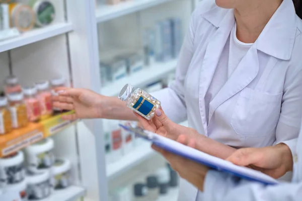 Inventory Female Pharmacist Making Inventary Drugstore — Photo