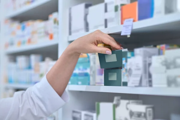 Pharmacy Close Picture Pharmacists Hand Taking Box Medicine — Stockfoto