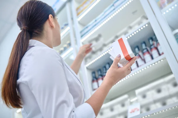Inventory Female Pharmacist Making Inventary Drugstore — Foto Stock