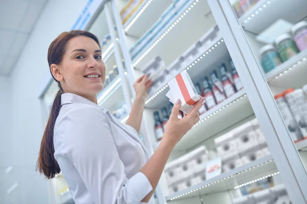 Inventory Female Pharmacist Making Inventary Drugstore — Zdjęcie stockowe