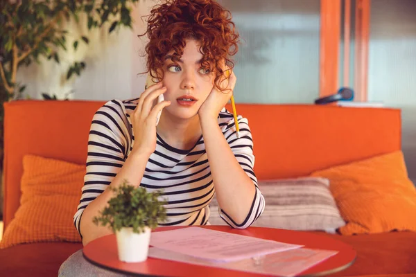 Communication Ginger Girl Striped Shirt Having Phone Call — Stockfoto