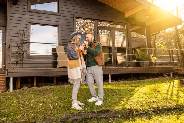 New Home Happy Man Woman Standing New House Smiling — Foto Stock