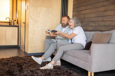 Video games. Mature couple playing video games and looking excited