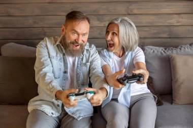 Video games. Mature couple playing video games and looking excited