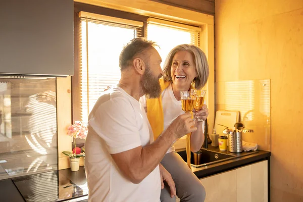 Glass Wine Married Couple Looking Enjoyed Happy While Having Glass —  Fotos de Stock