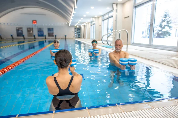 stock image Water fitness. Dark-haired woman leading a water fitness class