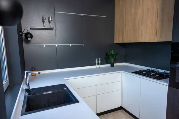 Cozy Modern Kitchenette White Cabinets Black Walls Decorated Minimalist Style — Stock Photo, Image