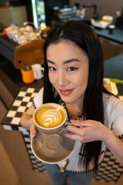 Pleased Female Posing Camera Ceramic Cup Coffee Saucer — Stock Photo, Image