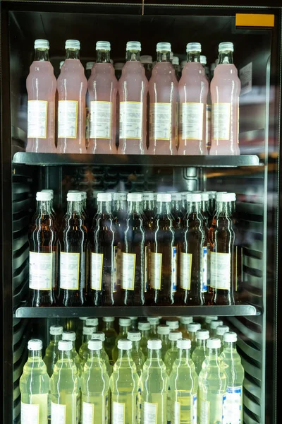 Close Refrigerated Display Cabinet Various Non Alcoholic Bottled Beverages Arranged — Stock Photo, Image