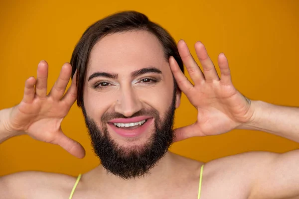 Cute Delighted Bearded Transsexual Person Looking Camera Toothy Smile Raised — Stock Photo, Image