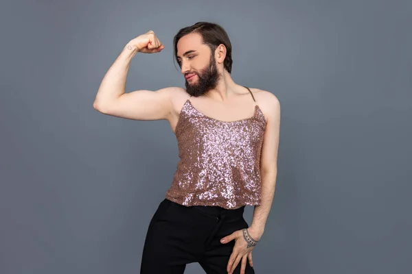 Slim Attractive Transsexual Person Wearing Shiny Tank Top Having Perfect — Stock Photo, Image