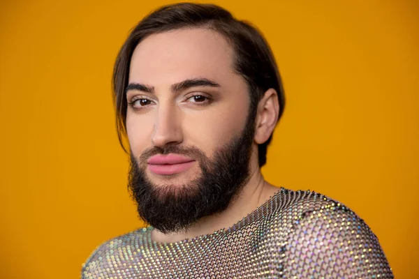 Closeup Portrait Beautiful Handsome Transgender Person Wearing Sheer Top Having — Stock Photo, Image
