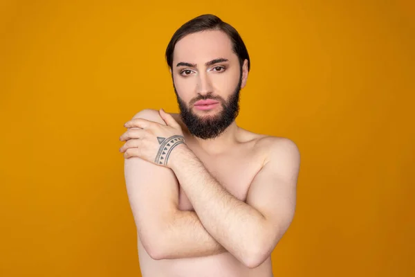 Serious Handsome Naked Transgender Person Beard Standing Crossed Hands Chest — Stock Photo, Image