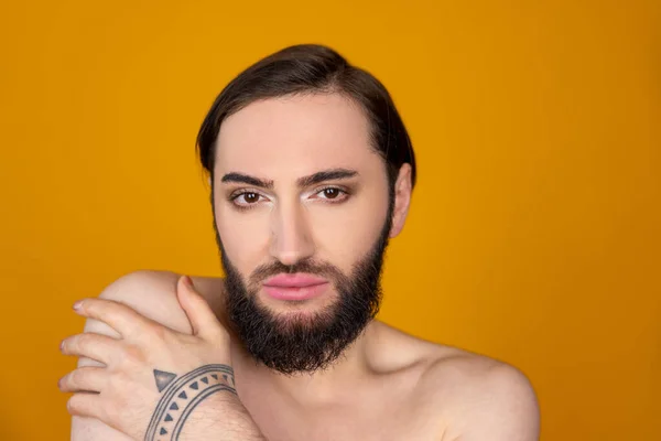 Closeup Portrait Brunette Naked Transgender Person Beard Posing Bared Shoulders — Stock Photo, Image
