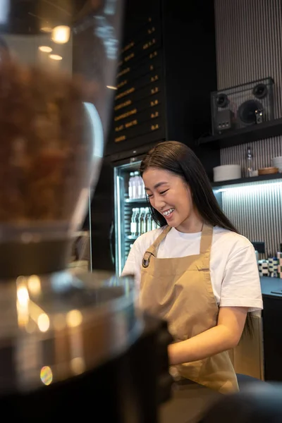 Aranyos Fiatal Sötét Hajú Ázsiai Kávézó Alkalmazott Boldog Mosollyal Pultnál — Stock Fotó