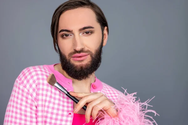 Handsome Attractive Serious Transgender Person Wearing Pink Clothing Doing Make — Stock Photo, Image