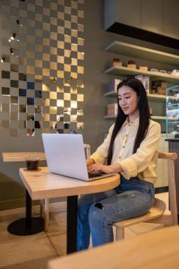 Gülümseyen genç bayan serbest çalışan, kafeteryada tek başına oturmuş, taşınabilir bilgisayarda daktilo yazıyor.