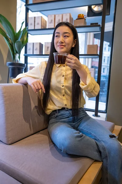 Joyous Vrouw Met Een Glazen Kopje Koffie Gezeten Gezellige Cafe — Stockfoto