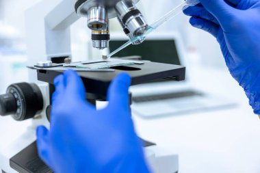 Laboratuvarda test örneklerini mikroskop altında inceleyen, mavi eldivenli, tanınmayan bir doktora yaklaş..