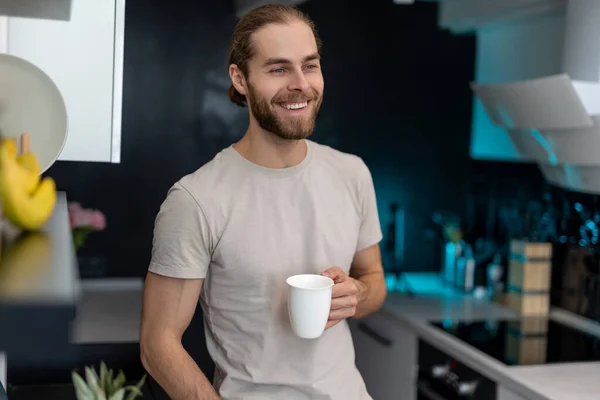 Satisfied Man Enjoying Morning Coffee Standing Kitchen Modern Interior Drinking — Stock Photo, Image