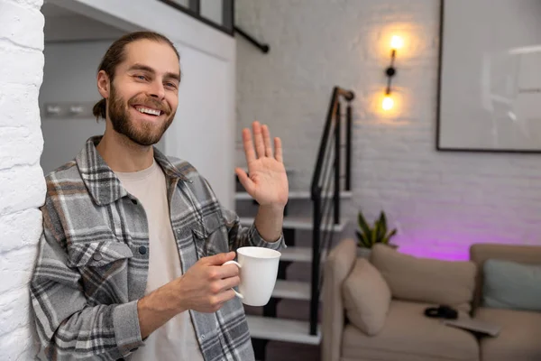 Handsome Positive Man Holding Cup Fresh Coffee Tea Hands Enjoying — Stock Photo, Image