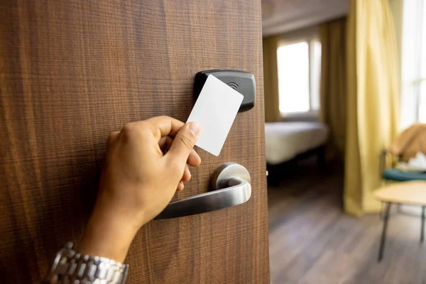 Entering Room Man Opening Door His Room Hotel Access Card — Stock Photo, Image