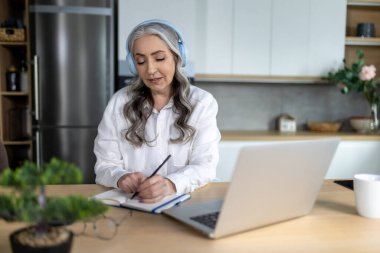 Giyin. Bilgisayarın başında gülümseyen yaşlı kadın Webinar dinliyordu.