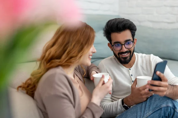 Affectionate Loving Married Couple Drinking Coffeee Enjoying Spending Time Together — Stock Photo, Image