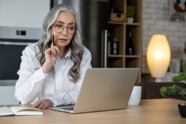 Serbest meslek. Laptopta çalışan zarif, yakışıklı, son sınıf öğrencisi bir kadın.