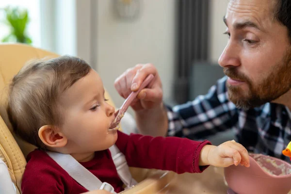 Little Baby Eating Her Dinner Dad Father Feeding Toddler Kid — Stock Photo, Image
