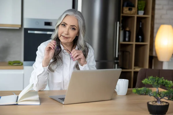 Zelfstandigen Elegante Goed Uitziende Senior Vrouw Die Werkt Laptop — Stockfoto