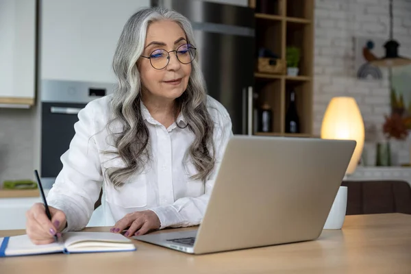 Zelfstandigen Elegante Goed Uitziende Senior Vrouw Die Werkt Laptop — Stockfoto