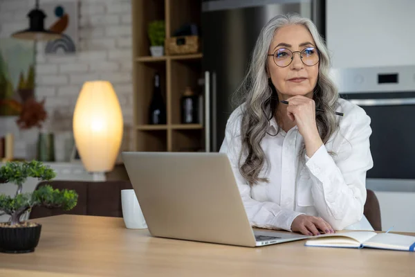 stock image Business lady. Long-haired well-groomed senior woman at the laptop