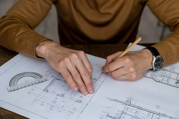 Unrecognizable Architect Designer Sketching Drawing Design House Engineer Working Architectural — Stock Photo, Image