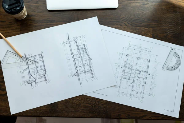 Κάτοψη Των Αρχιτεκτονικών Σχεδίων Σχέδιο Στο Τραπέζι Εργασίας Έργο Του — Φωτογραφία Αρχείου