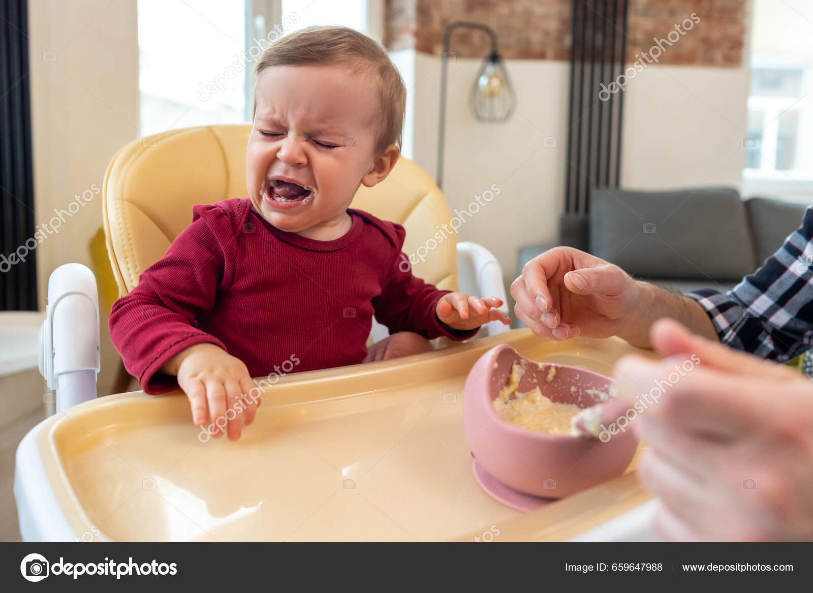Infant Little Baby Girl Crying Dont Want Eat Food Her — Stock