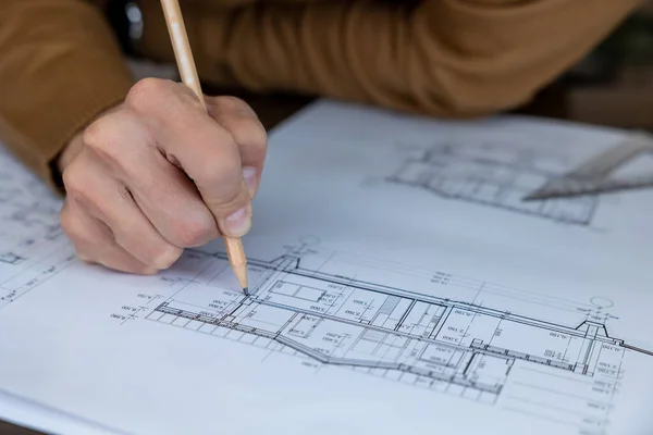 Unrecognizable Architect Designer Sketching Drawing Design House Engineer Working Architectural — Stock Photo, Image