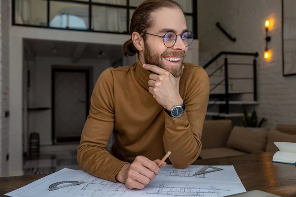 Smiling Young Architect Engineer Working Blueprints Office Creatiing New House — Stock Photo, Image