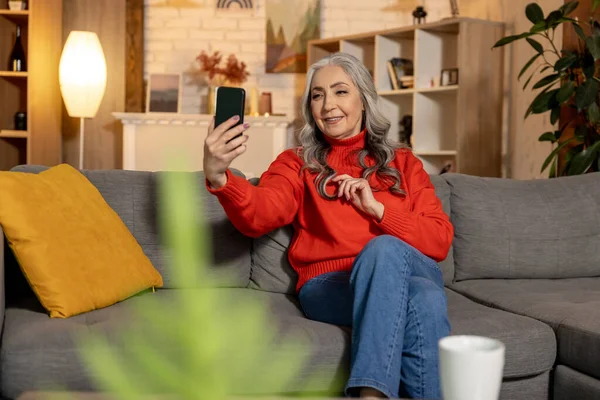 Video Call Beautiful Senior Woman Having Video Call Looking Contented — Stock Photo, Image