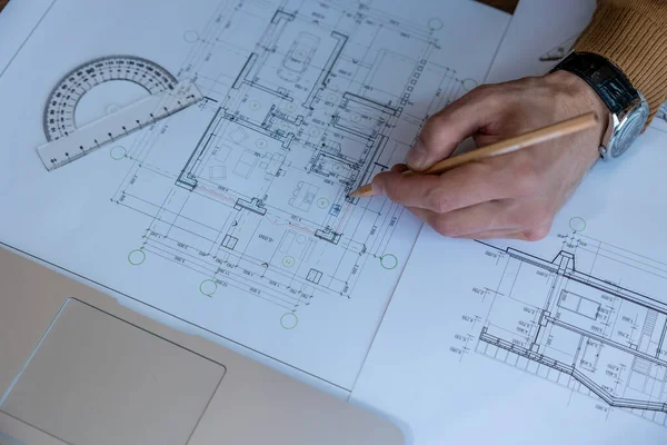 Architect Hands Drawing Blueprint Sketching Design House Working Project Making — Stock Photo, Image