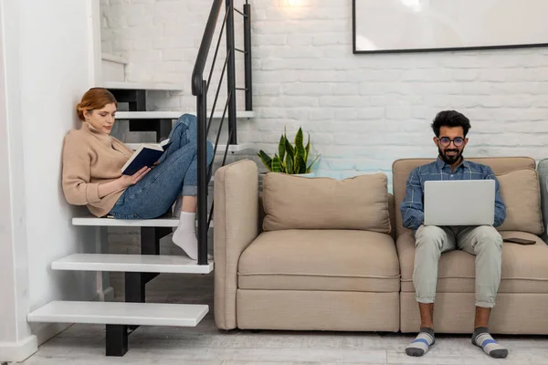 Work Home Brunette Bearded Young Man Laptoop Sitting Sofa — Stock Photo, Image
