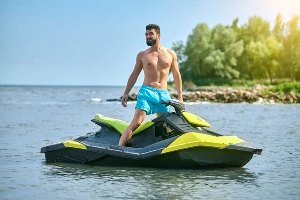 Young Handsome Man Jet Ski Tropical Ocean Vacation Enjoying Holiday — Stock Photo, Image