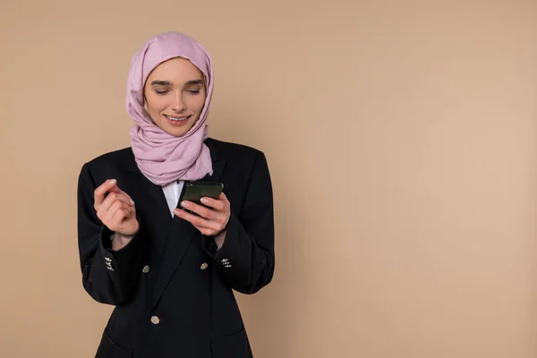 Messaging Young Woman Black Suit Phone Hands — Stock Photo, Image