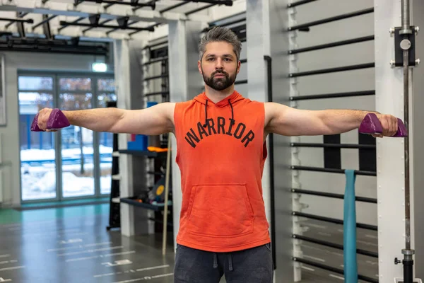 Athletic Man Beard Working His Biceps Triceps Lifting Dumbbells Training — Stock Photo, Image