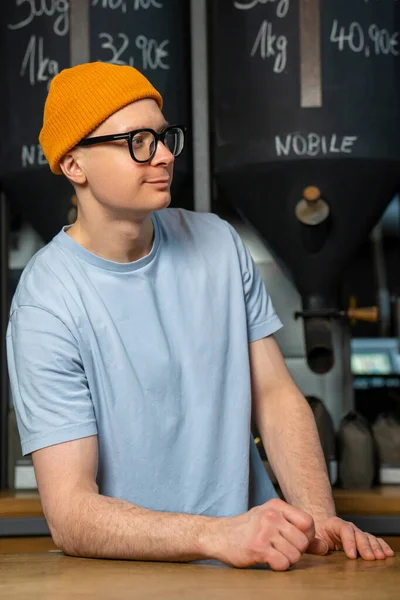 Handsome Hipster Bartender Wearing Beanie Hat Glasses Interior Modern Coffee — Stock Photo, Image