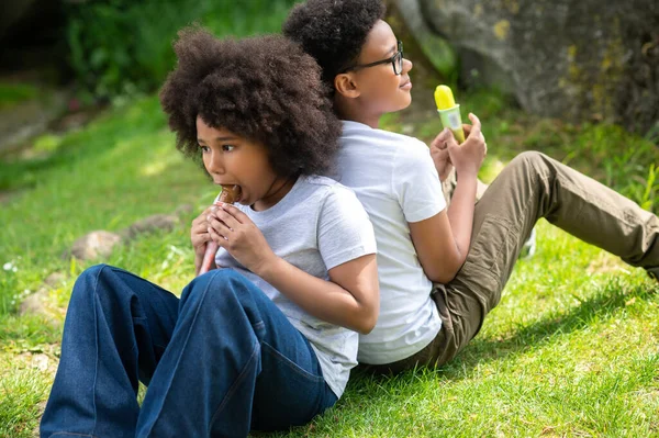 Dvě Děti Bílých Tričkách Jedí Zmrzlinu Parku Sedící Zelené Trávě — Stock fotografie