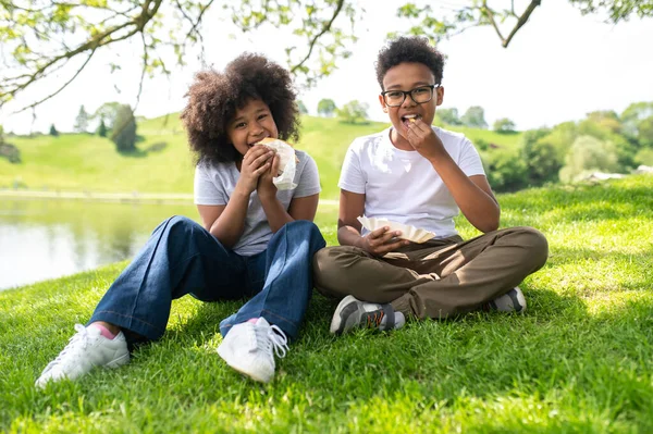 深色皮肤的朋友 姐姐和哥哥坐在公园的草地上 吃着户外享受的垃圾食品 — 图库照片