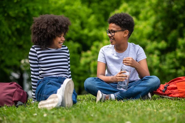 Amitié Deux Enfants Afro Américains Assis Sur Herbe Dans Parc — Photo