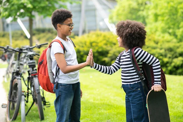 Deux Écoliers Fille Garçon Avec Planche Roulettes Dans Vert Parc — Photo